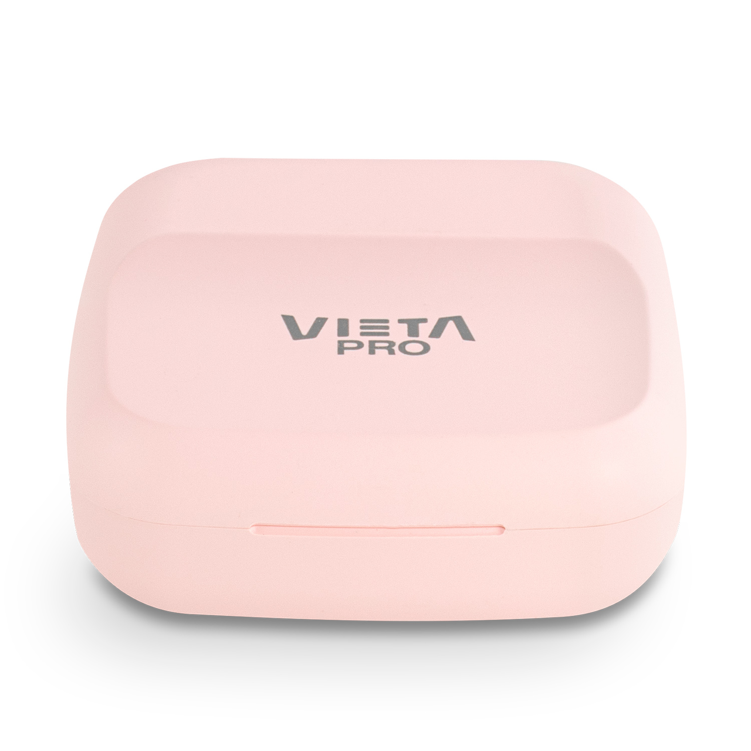 Un estuche cuadrado rosado y redondeado para auriculares Vista Pro, con el logotipo VISTA PRO en gris.