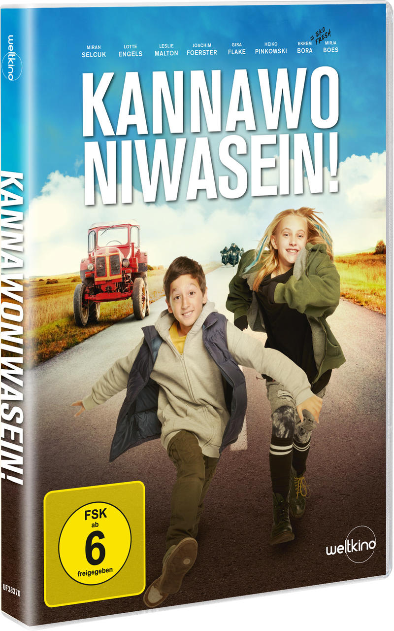 Film-DVD-Hülle mit einem Jungen und einem Mädchen, die auf einer Straße rennen, roter Traktor.