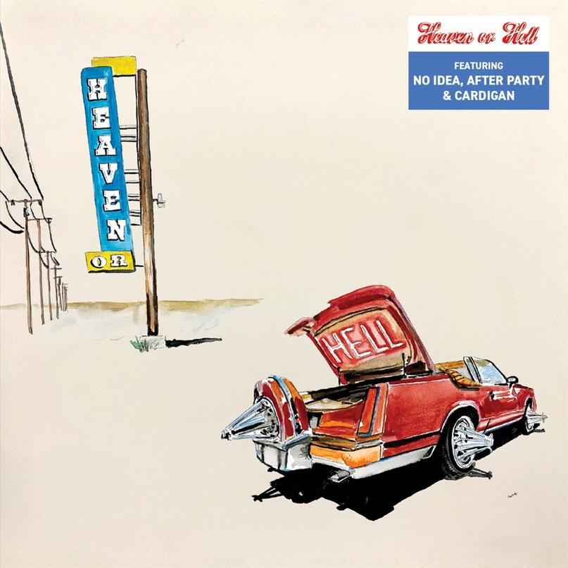 Albumcover. Rotes Auto mit offenem Kofferraum neben einem Schild: Heaven or Hell.