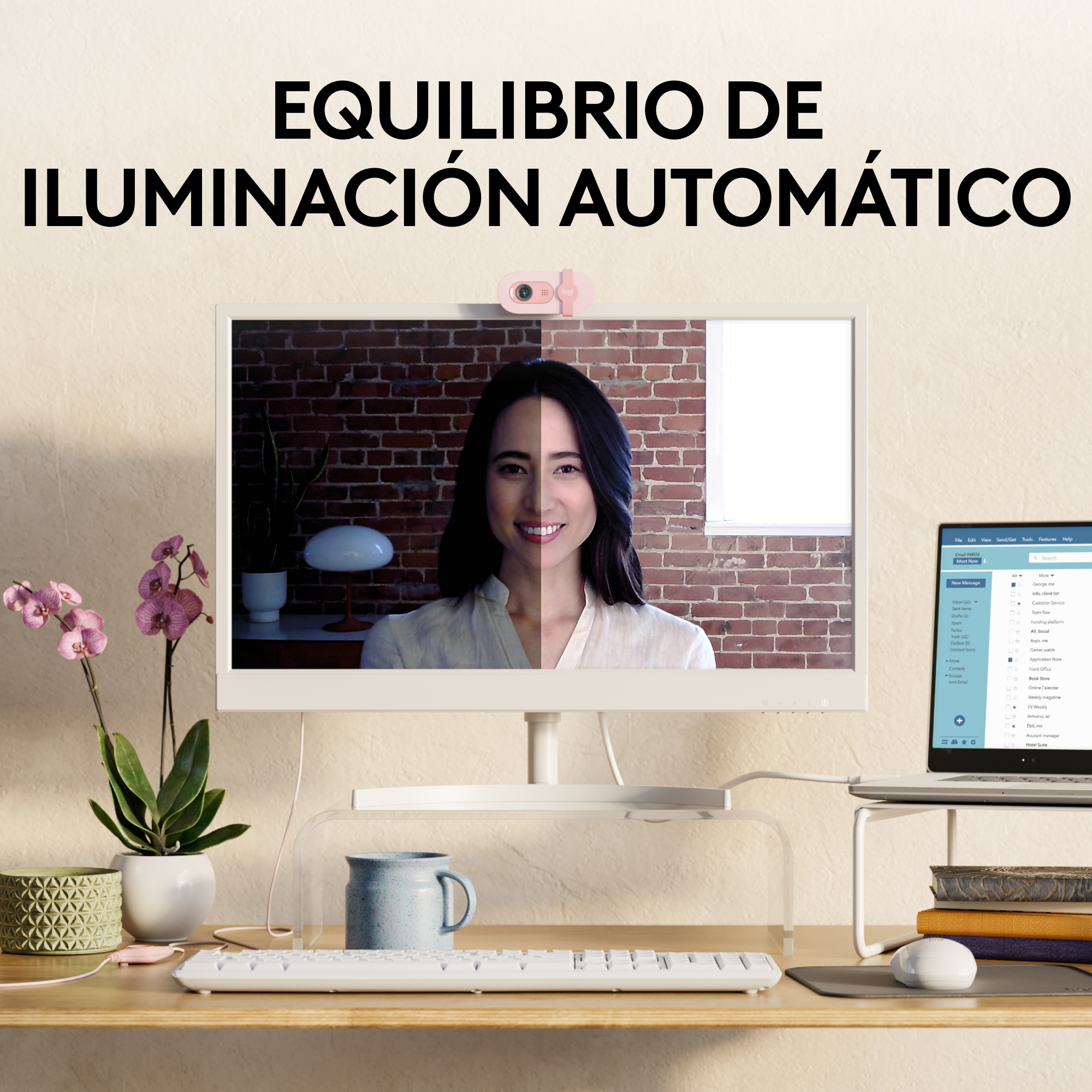 Mujer frente a un monitor. La pantalla está dividida. Un lado brillante, el otro oscuro.