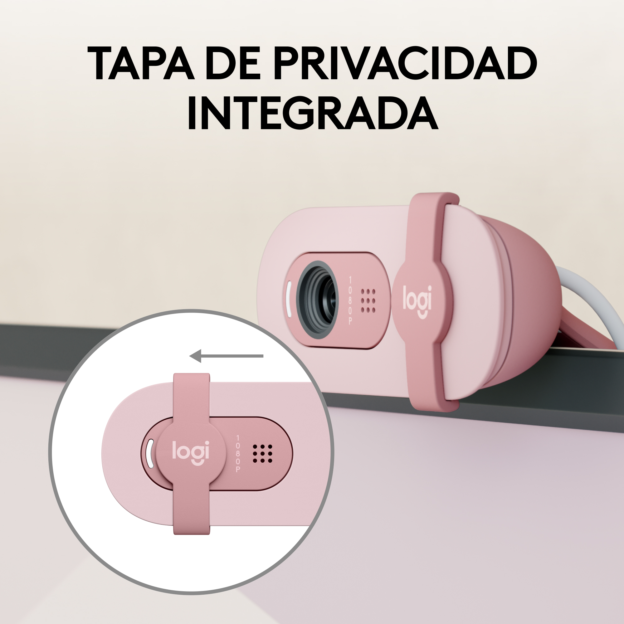 Una cámara web rosa con una cubierta de privacidad.