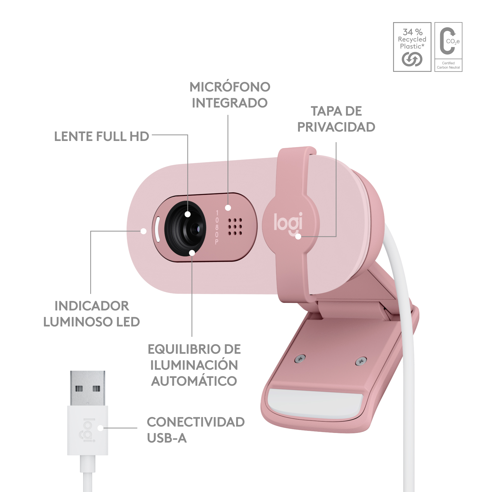 Webcam rosa con micrófono integrado, indicador LED y conector USB-A.