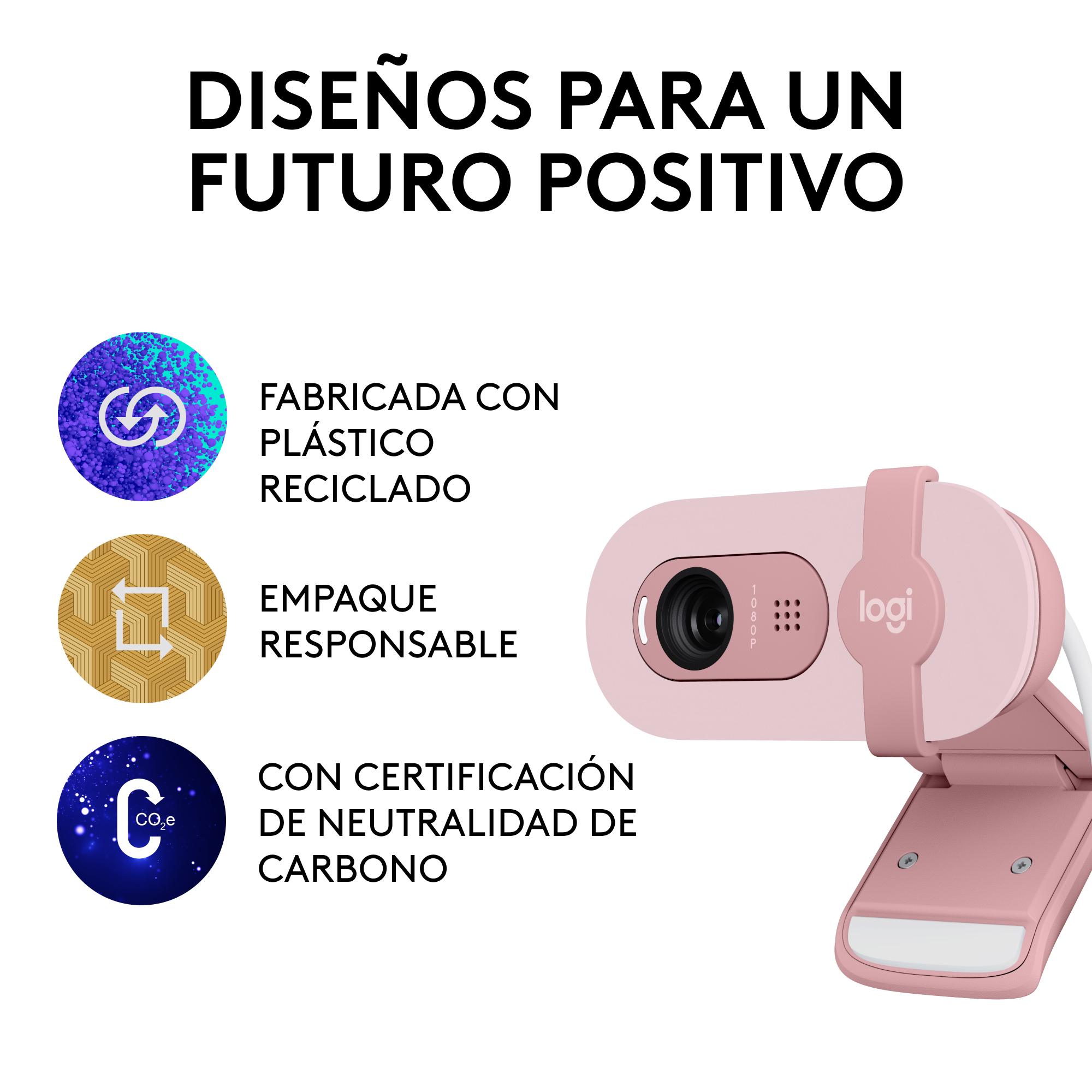 Una cámara web rosa con soporte. Hay textos sobre plástico reciclado y carbono neutral.