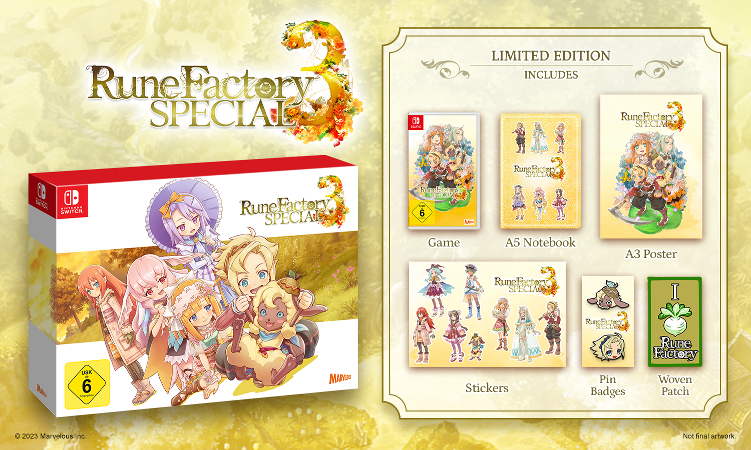 Ein Spiel-Set mit Spiel, Stickern, Poster und mehr, mit der Aufschrift 'RuneFactory SPECIAL'.