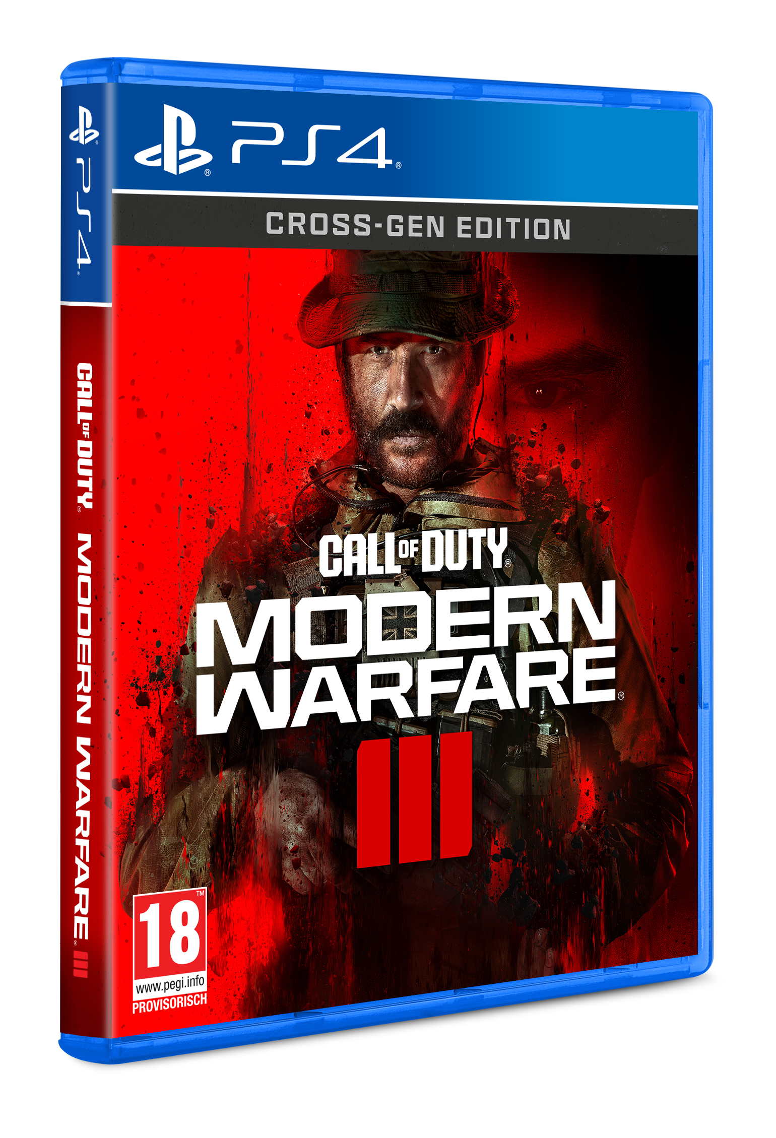 PS4-Spielhülle für Call of Duty: Modern Warfare III, zeigt einen Soldaten auf rotem Hintergrund.