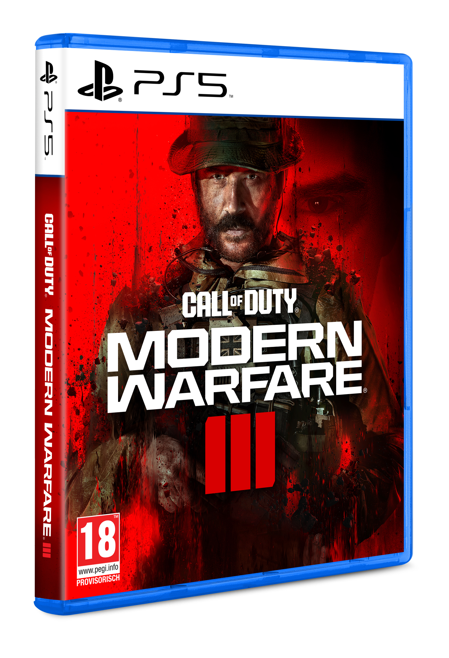 PS5-Spielhülle für Call of Duty: Modern Warfare III mit Soldat vor rotem Hintergrund.