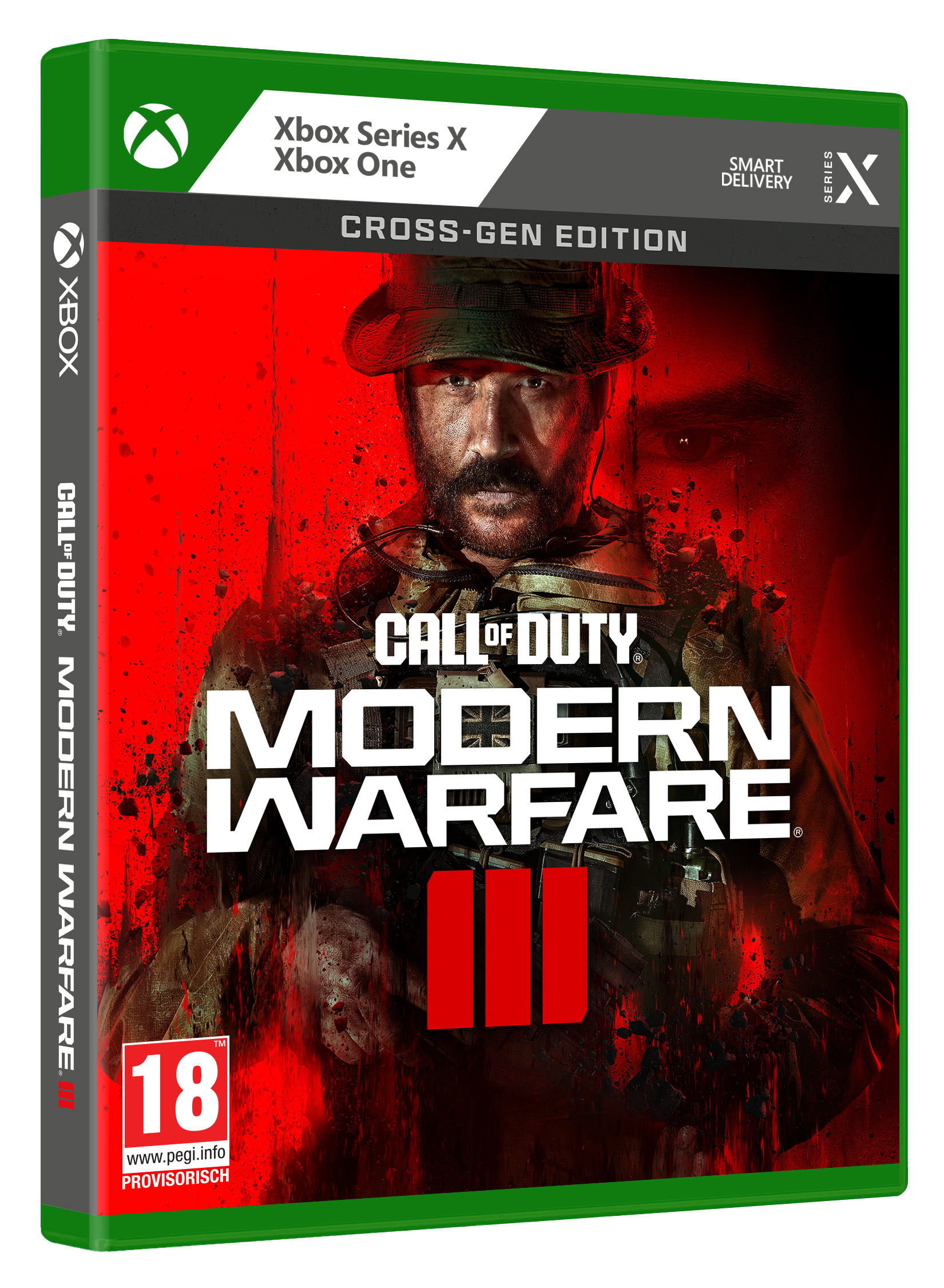 Xbox Series X Spielbox für Call of Duty: Modern Warfare III. Das Cover zeigt einen Soldaten und rote Akzente.