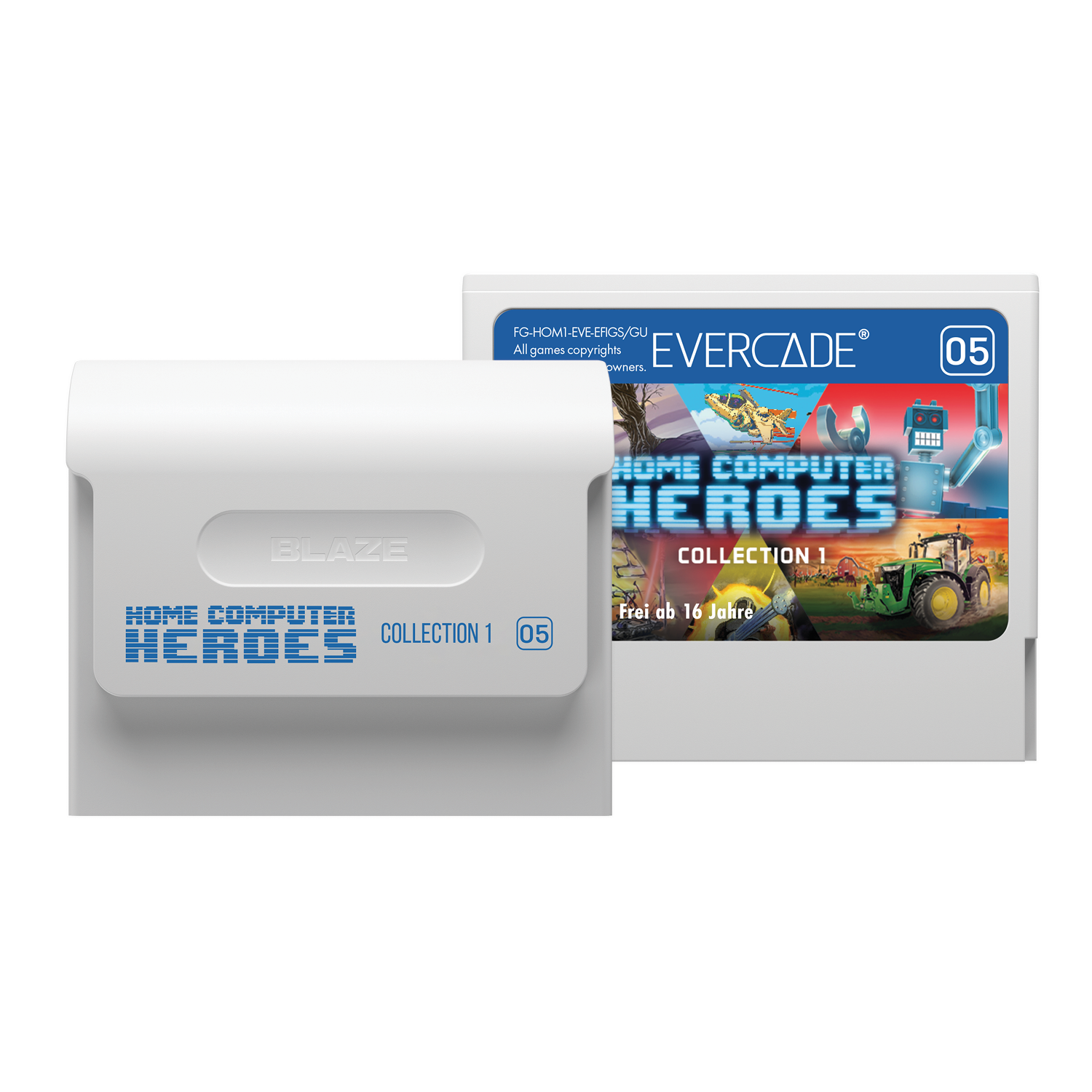 Weiße Retro-Spielkassette für Home Computer Heroes Collection 1, mit sichtbarem Spielcover.
