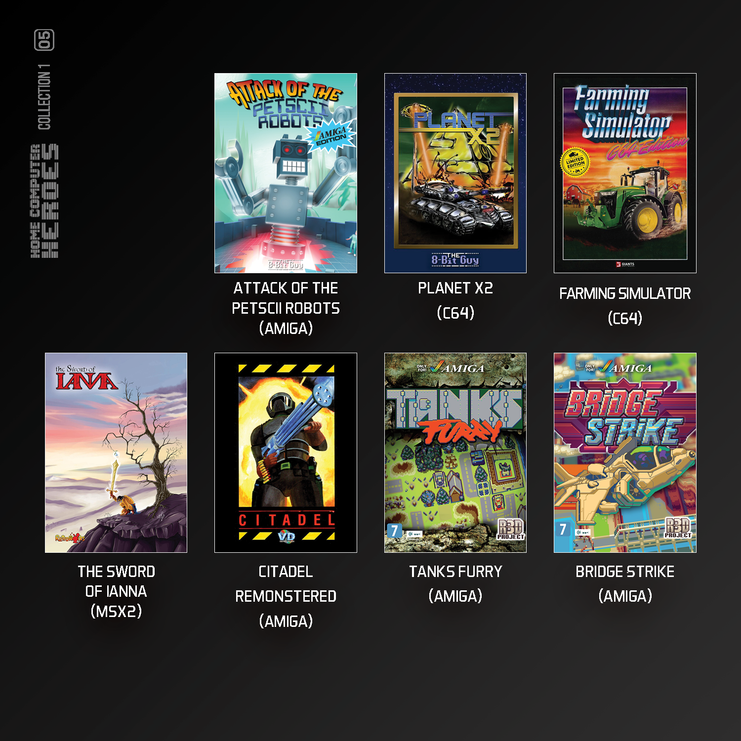 Eine Sammlung von Retro-Spielcovern. Roboter-, Weltraum- und Landwirtschaftsthemen sind sichtbar.