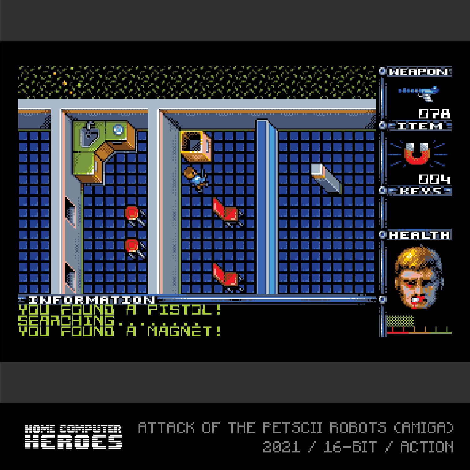Ein Retro-Videospielbildschirm, der eine verpixelte Spielszene mit Textfeldern zeigt.