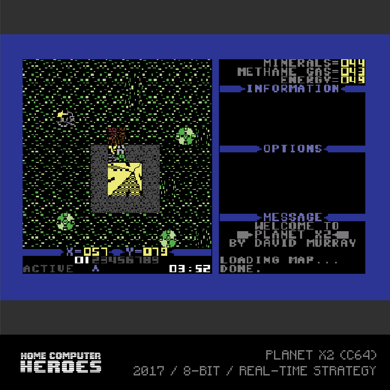 Retro-Computerspielbildschirm mit Text, Grafiken und Informationstafeln auf blauem Hintergrund.