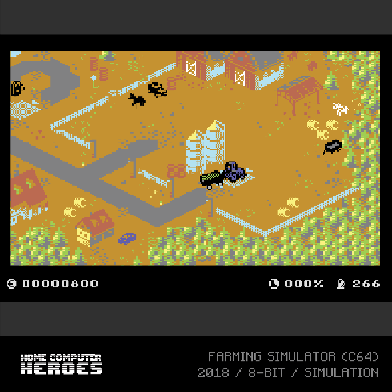Screenshot eines Retro-Videospiels, 'Farming Simulator', zeigt Draufsicht.
