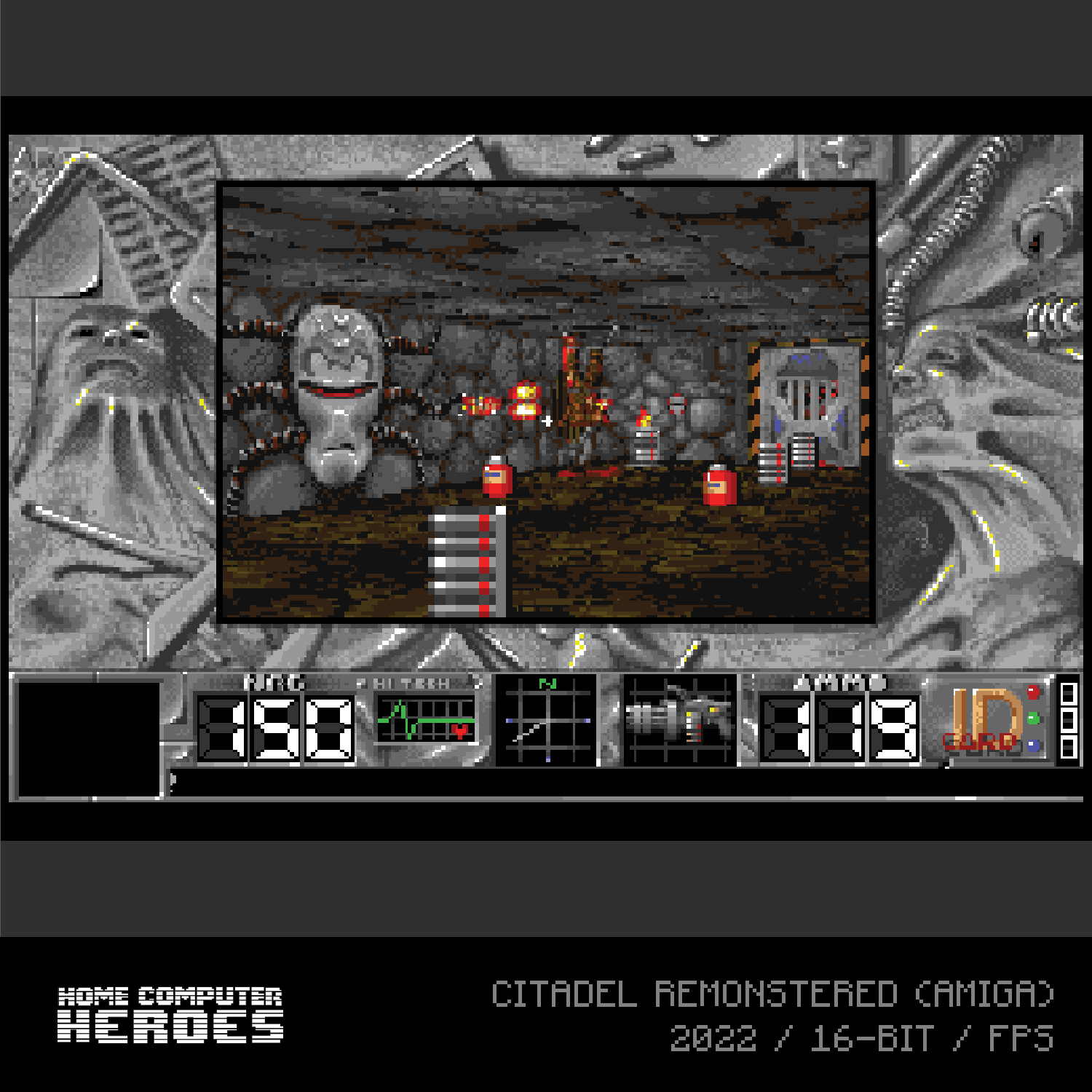 Ein Bildschirm im Retro-Stil zeigt eine Spielszene mit Text am unteren Rand.