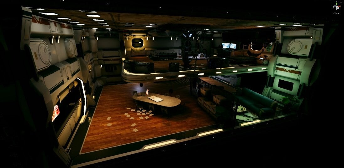 Wnętrze futurystycznego pokoju z biurkiem, sofą i innymi meblami. Pokój ma wiele poziomów.