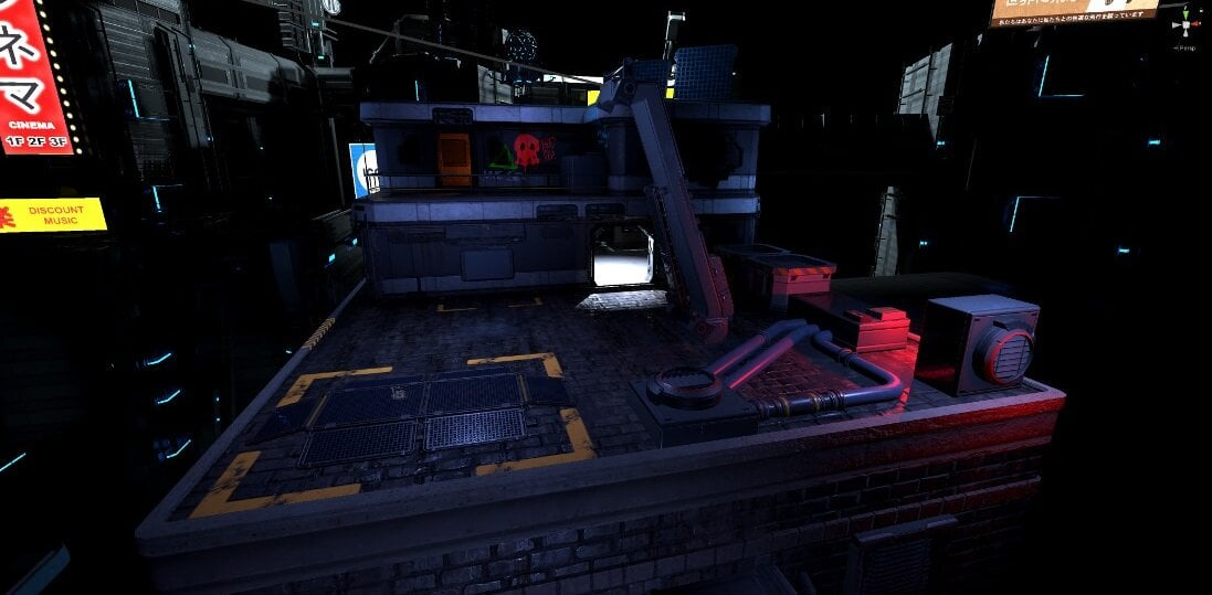 Scena nocna. Dach budynku ze strukturą, rurami i skrzyniami. Neonowe znaki w tle.