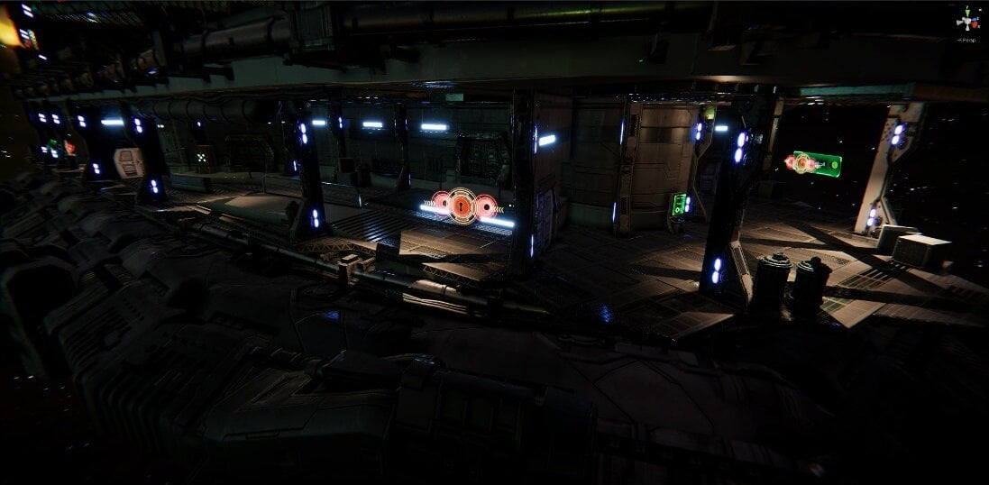 Futurystyczny widok wnętrza statku kosmicznego lub stacji kosmicznej, z oświetlonym korytarzem.