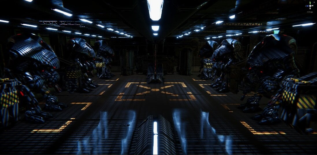 Ciemny, futurystyczny pokój z wieloma robotycznymi postaciami.