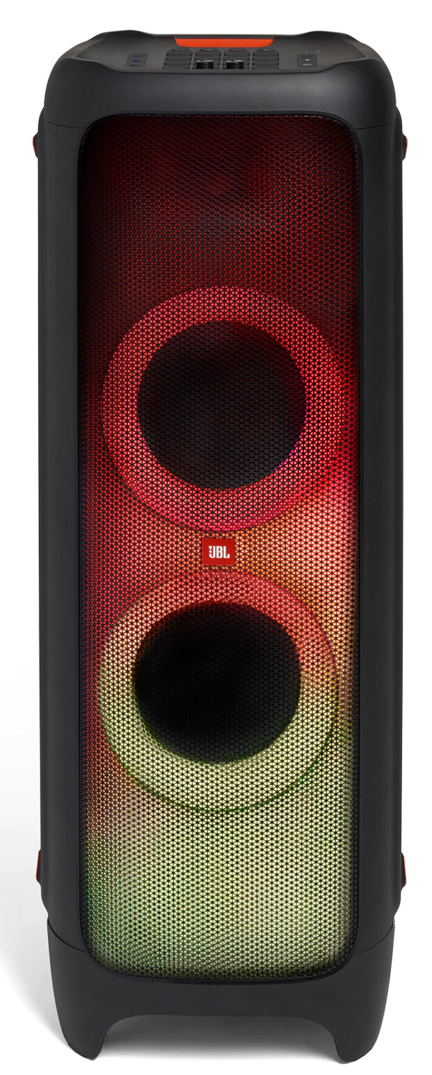 Wysoki, czarny głośnik JBL z czerwonymi i żółtymi światłami, widok z przodu, białe tło.