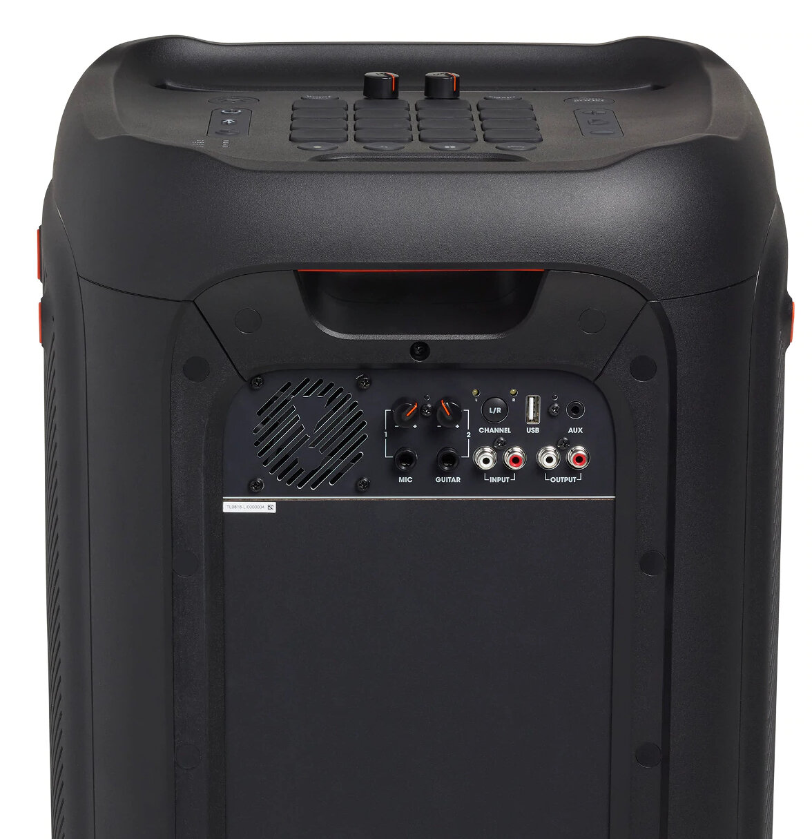 Tył czarnego głośnika. Posiada porty wejściowe, kontrolę kanałów i port USB.