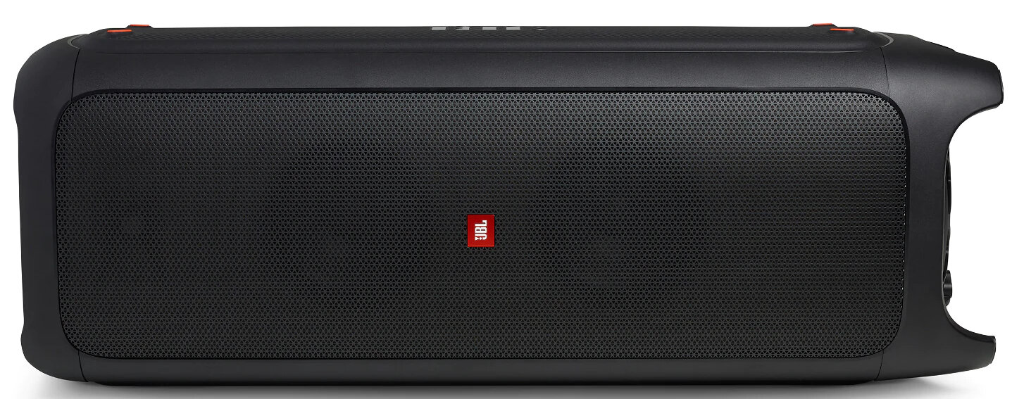 Czarny głośnik JBL z czerwonym logo, widok z góry.