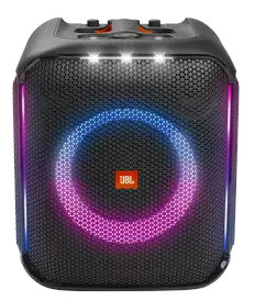 Czarny głośnik ze świecącym pierścieniem. Przód pokazuje logo JBL.