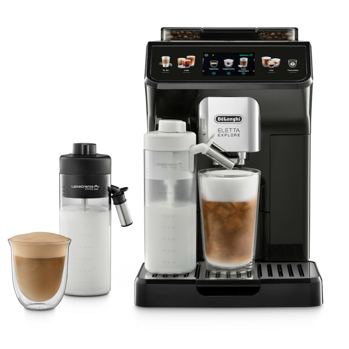 Ekspres do kawy DeLonghi Eletta Explore z pojemnikiem na mleko, szklanką latte i szklanką espresso.