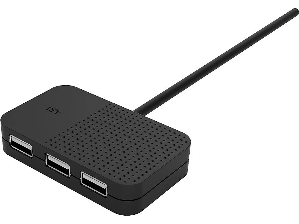 Czarny hub USB z czterema portami i czarnym kablem. Hub jest prostokątny z teksturowaną powierzchnią.