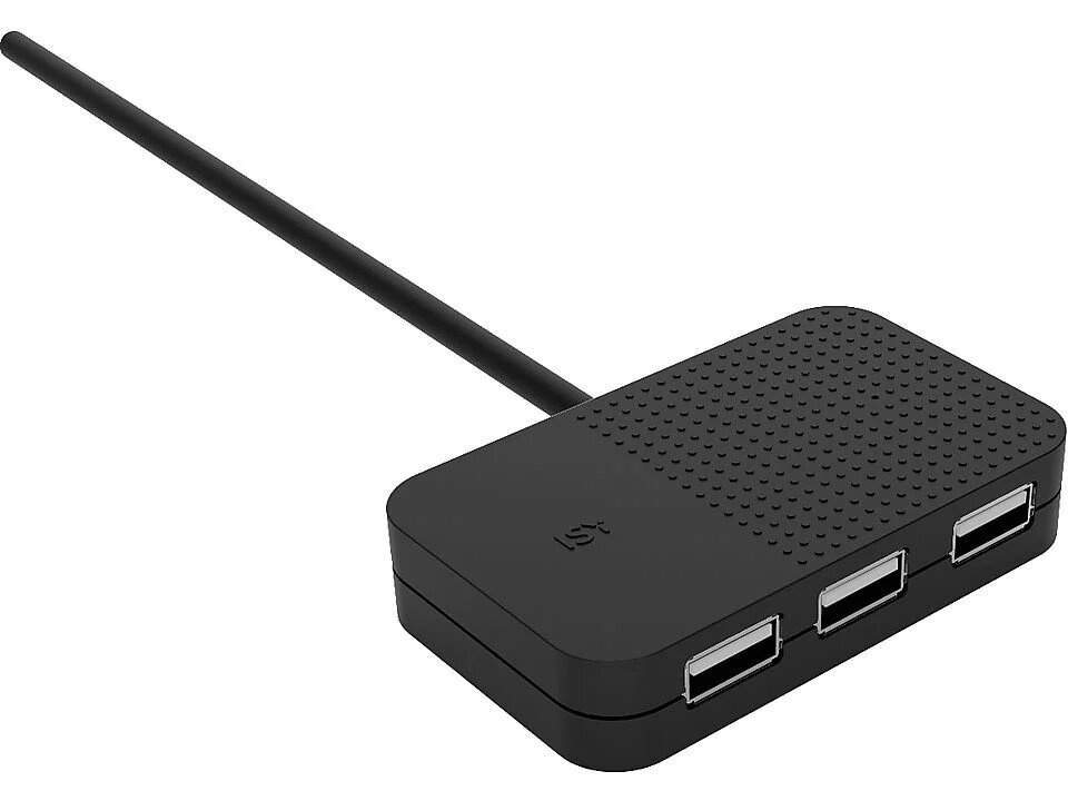 Czarny hub USB z czterema portami i dołączonym czarnym kablem.