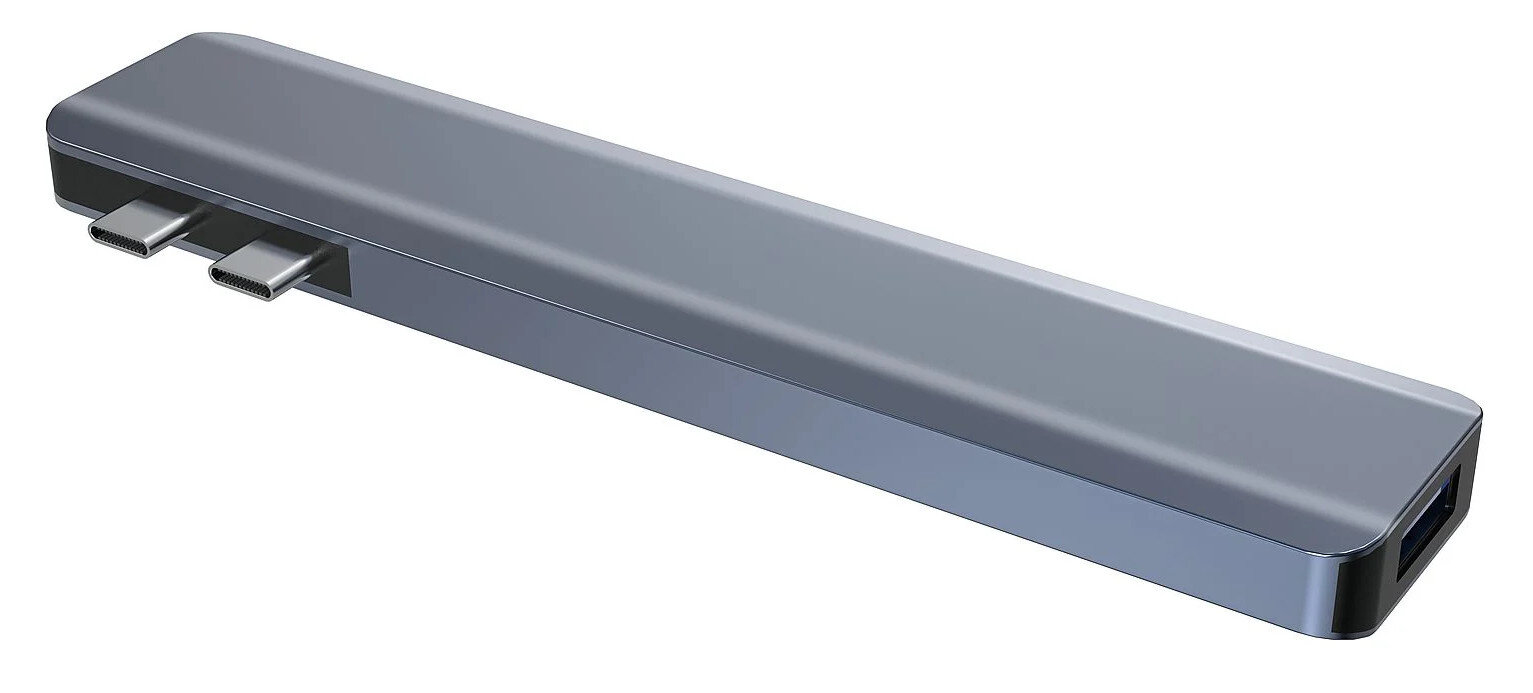 Szary hub USB-C z trzema portami USB-C i jednym portem USB.