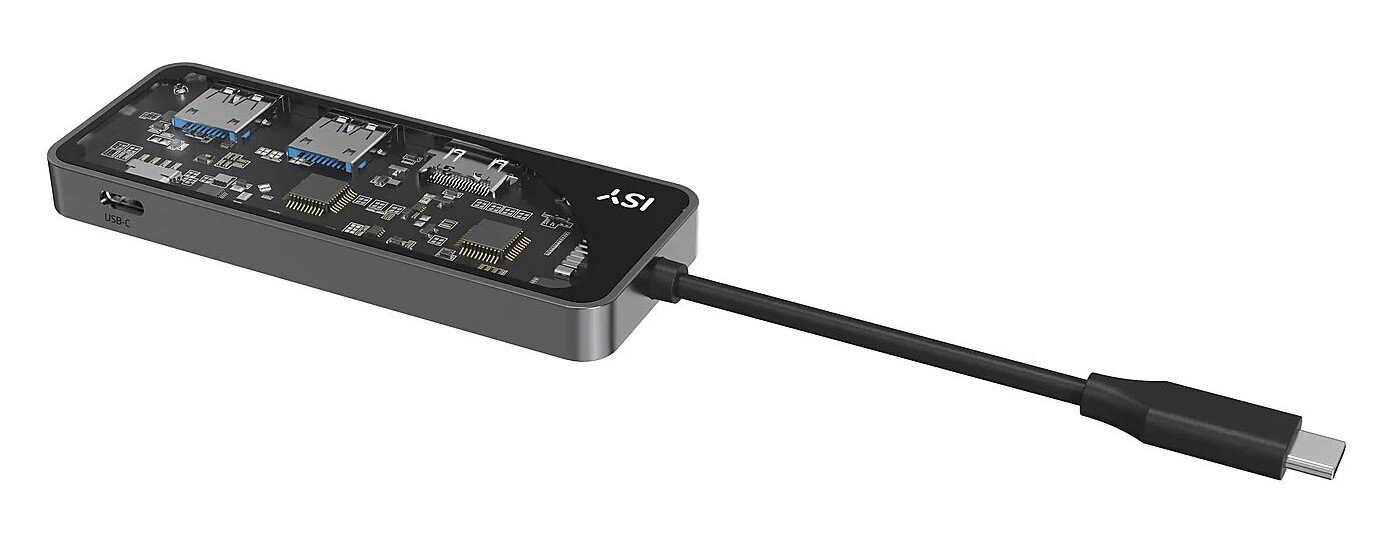 Szary hub USB z wieloma portami. Kabel łączy się z hubem. Białe tło.