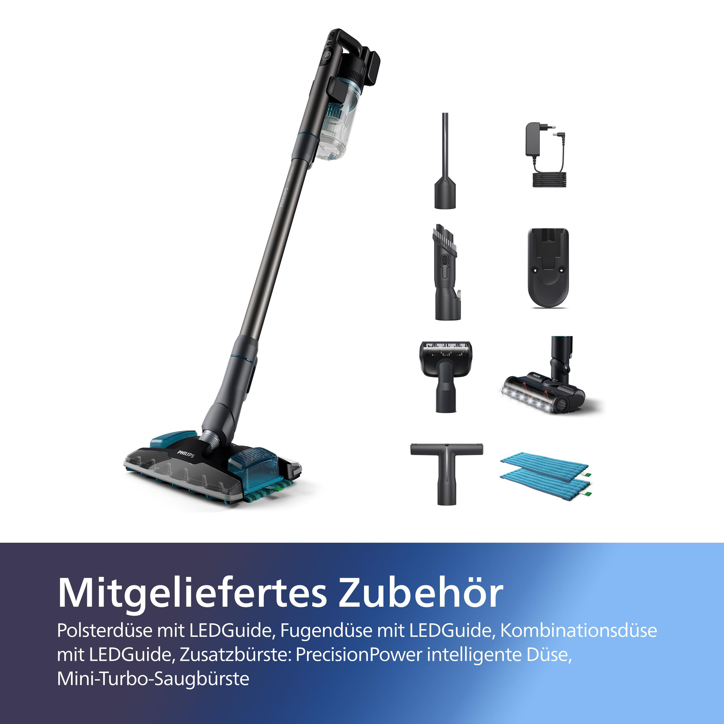 Akku-Staubsauger mit Aufsätzen, Zubehör und Text in deutscher Sprache.
