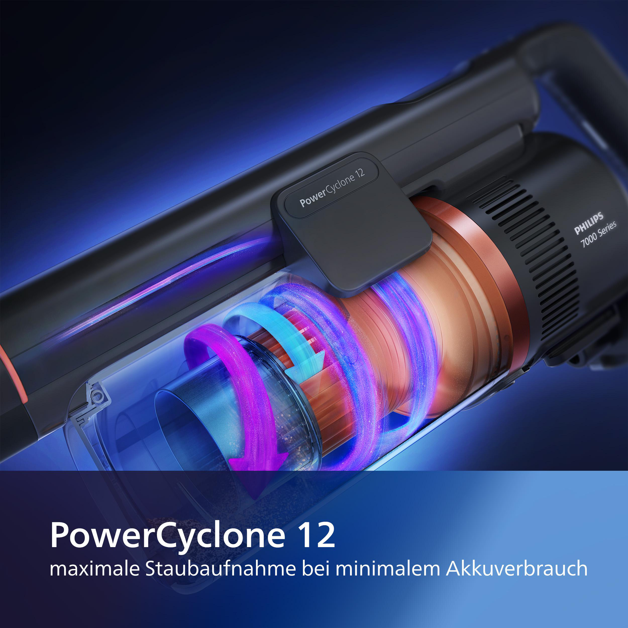 Staubsauger mit der PowerCyclone 12 Funktion. Das Bild zeigt den inneren Mechanismus mit wirbelnder Luft.