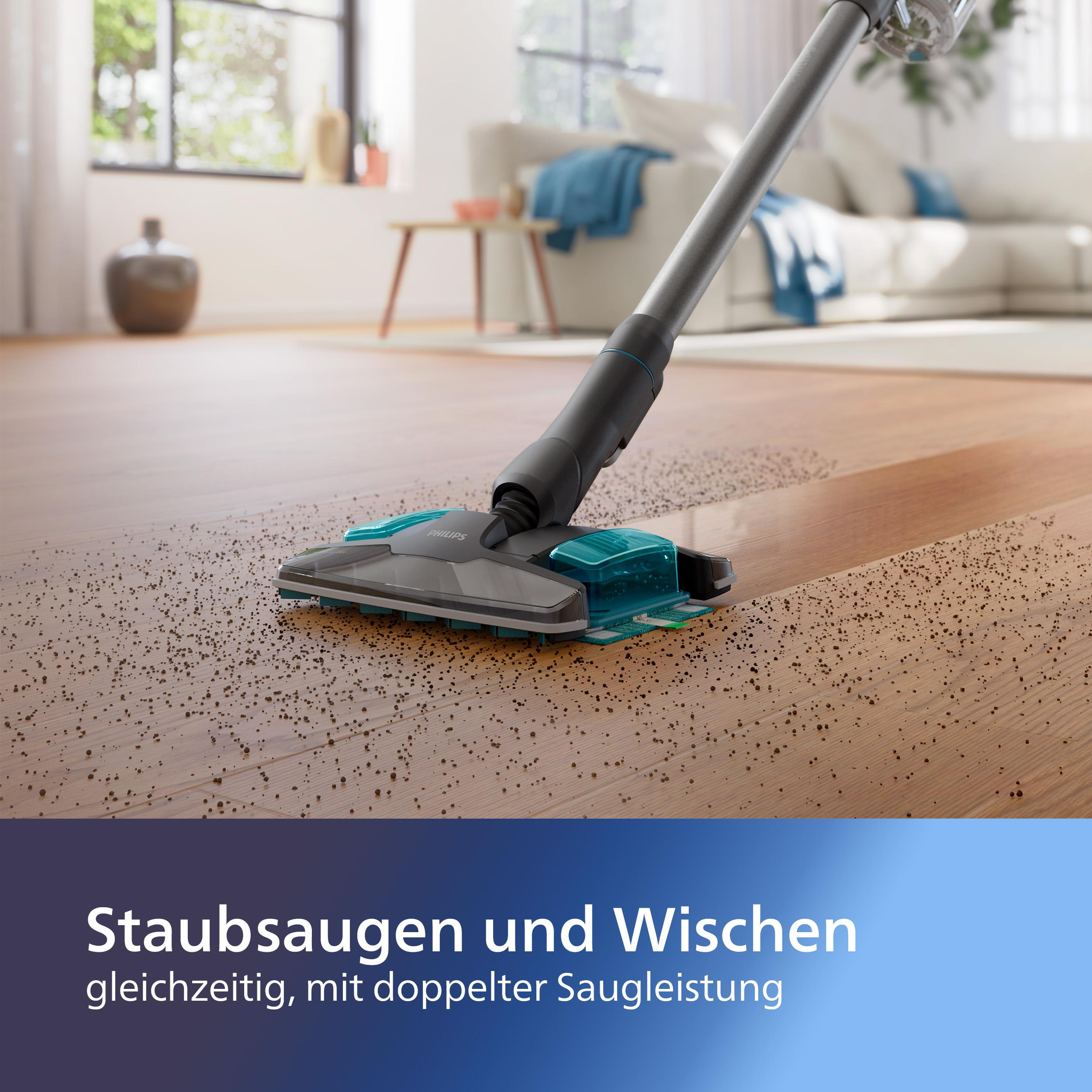Staubsauger reinigt Holzboden mit Text 'Gleichzeitig saugen und wischen'.
