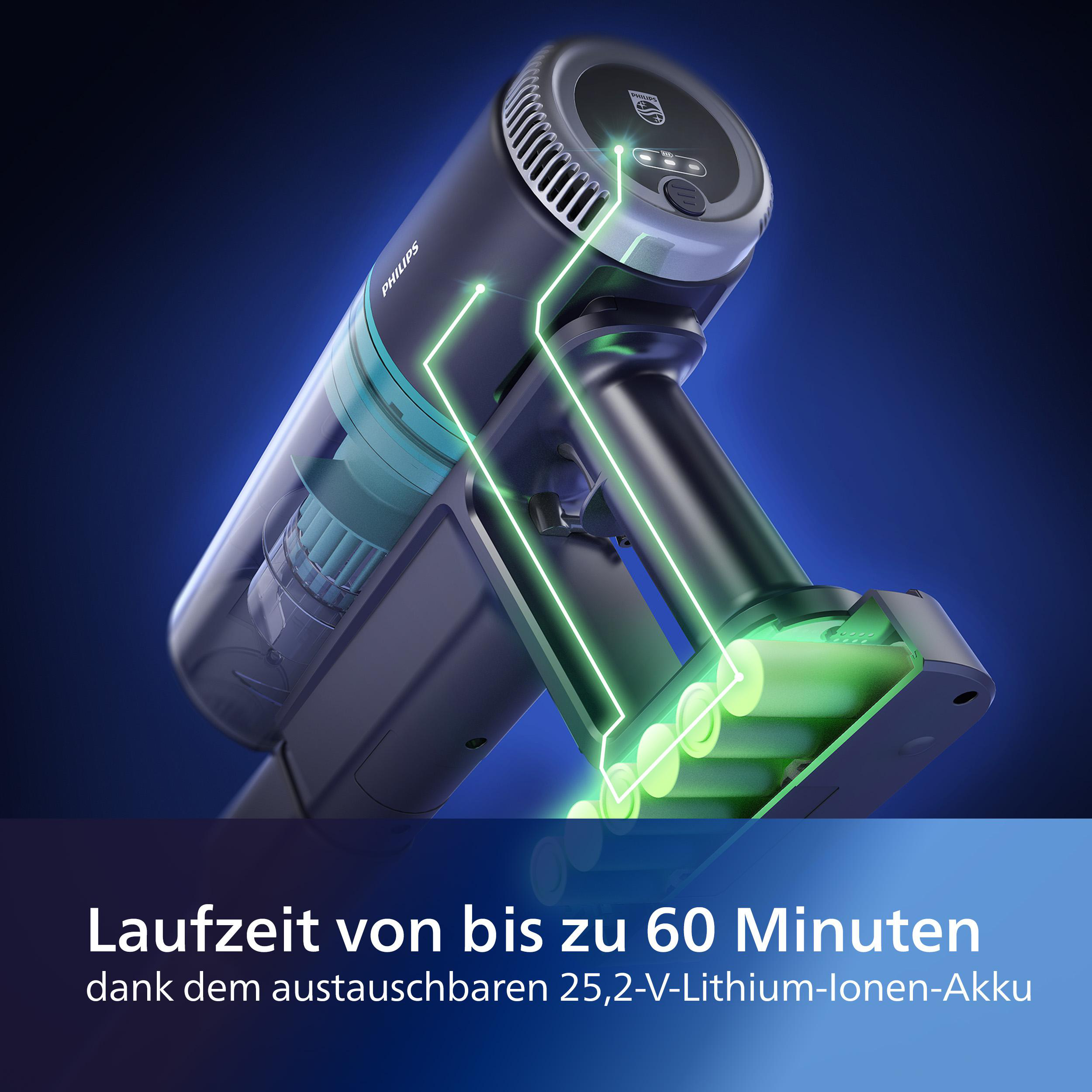 Schwarzer und blaugrüner Staubsauger, bei dem die inneren Mechanismen und der Akku sichtbar sind.