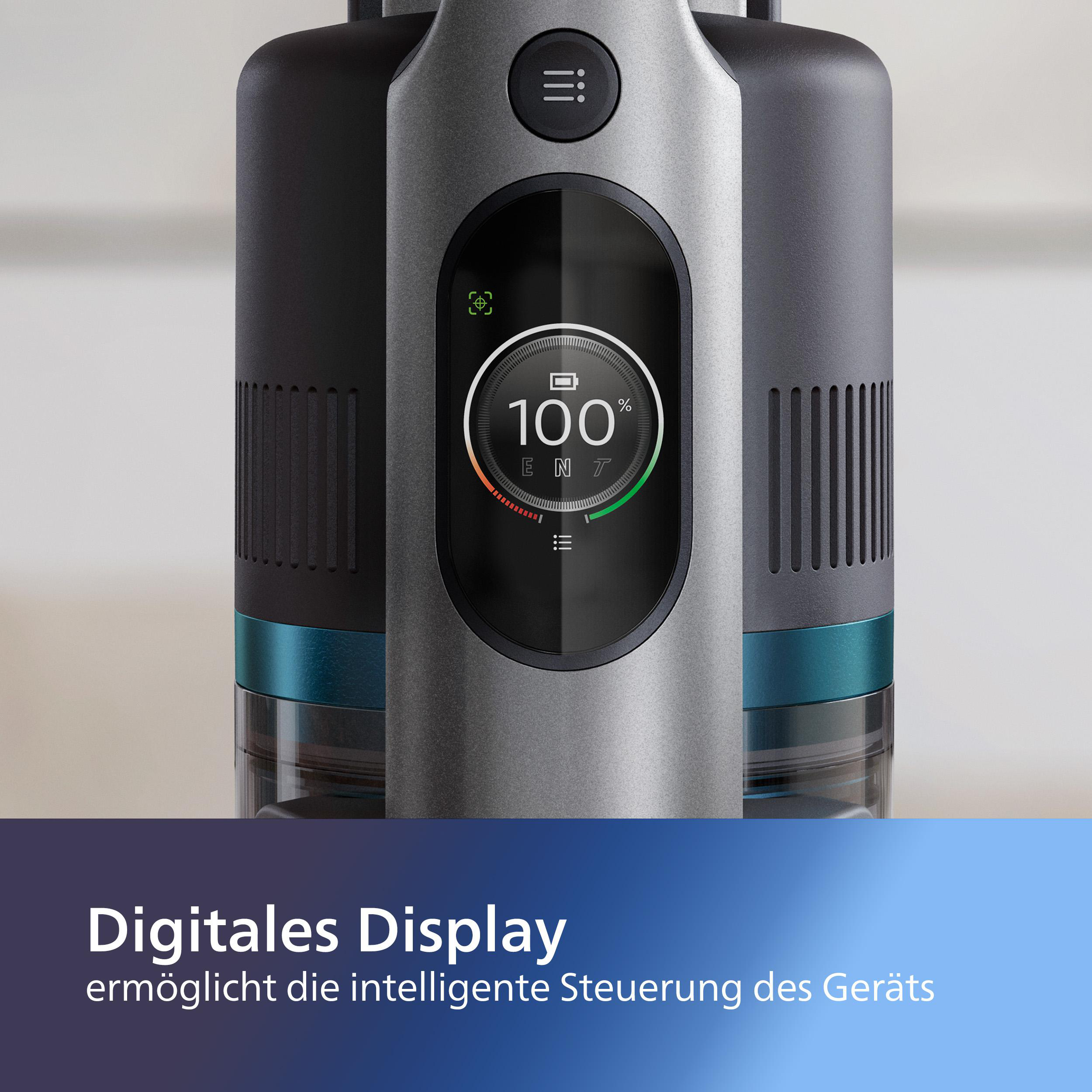 Nahaufnahme eines Staubsaugerdisplays. Digitalanzeige zeigt Akkustand und Leistungsstufe.