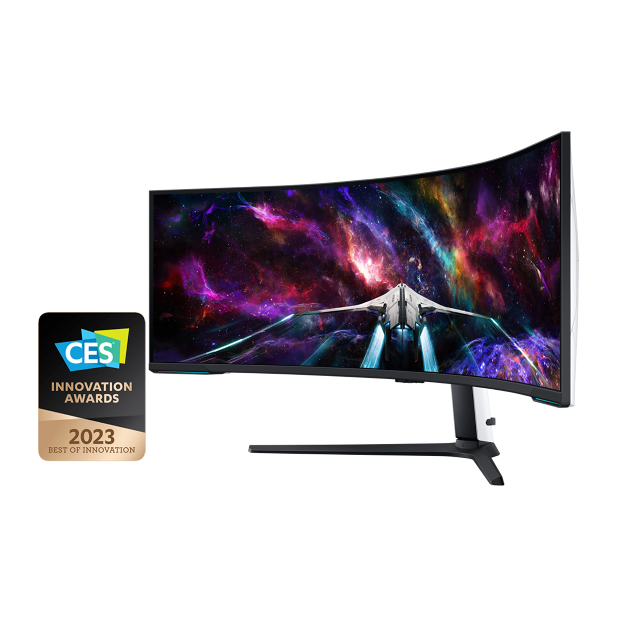 Monitor curvo con una escena espacial. Texto: Premios a la innovación CES 2023 Lo mejor de la innovación.