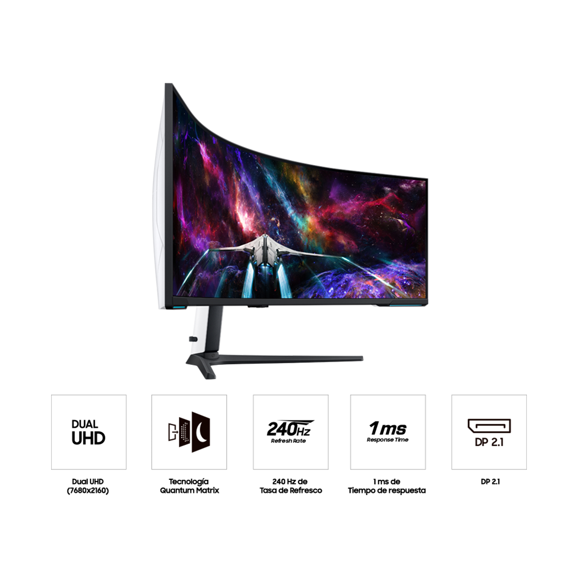 Monitor curvo con gráficos, con iconos para Dual UHD, 240 Hz y 1 ms de respuesta.