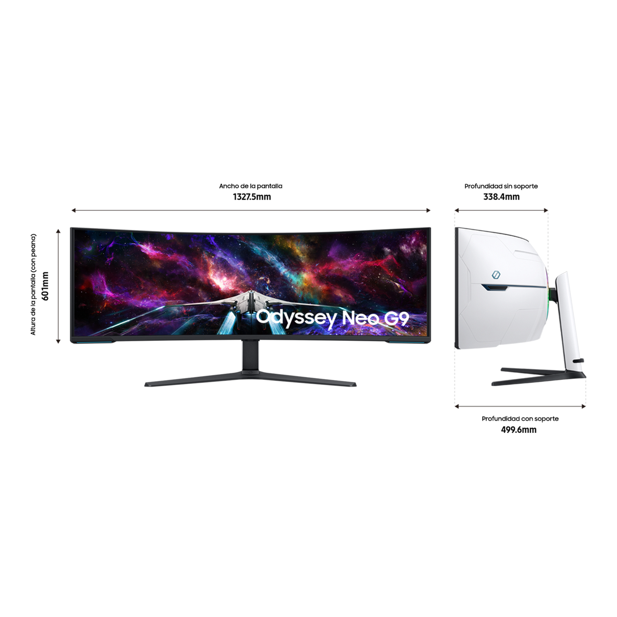 Monitor curvo con dimensiones: 1327,5 mm ancho, 60 mm alto, 338,4 mm y 499,6 mm profundidad.
