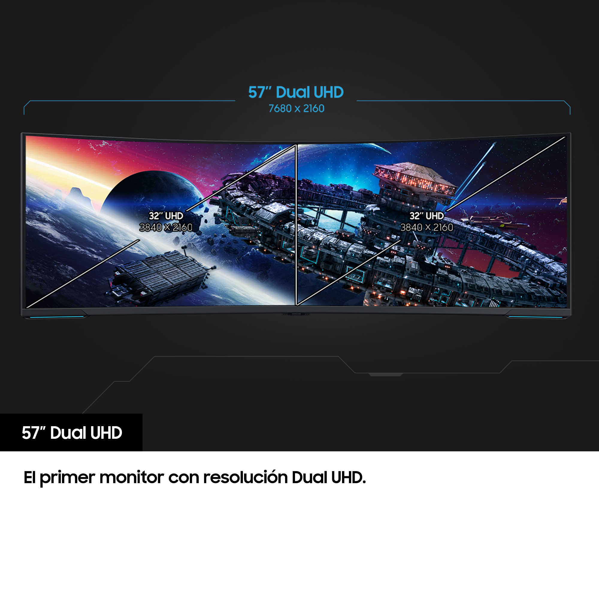 Un monitor curvo que muestra dos escenas, con especificaciones y texto: 57" Dual UHD.