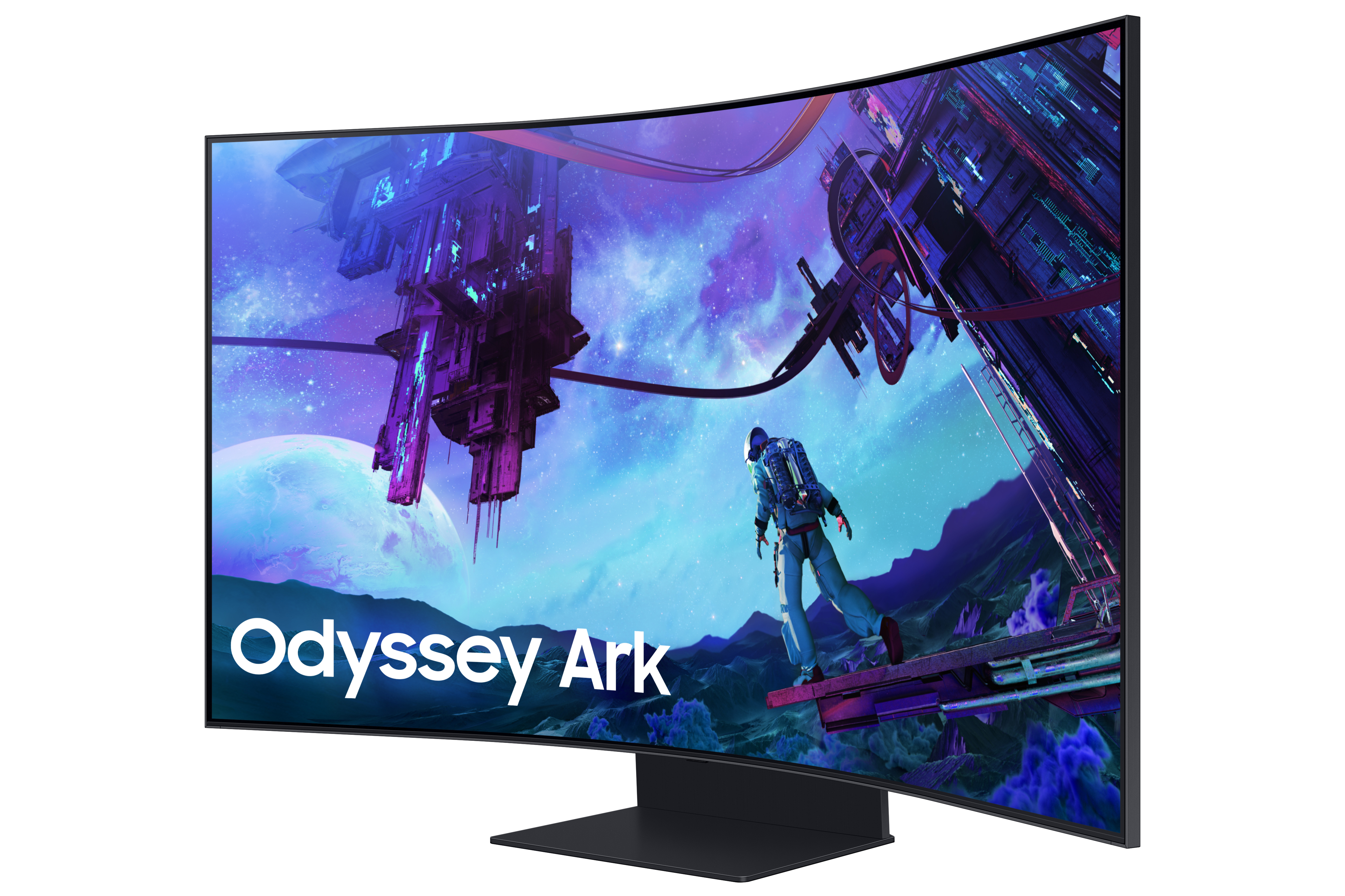 Monitor curvo que muestra una escena futurista, con las palabras Odyssey Ark.