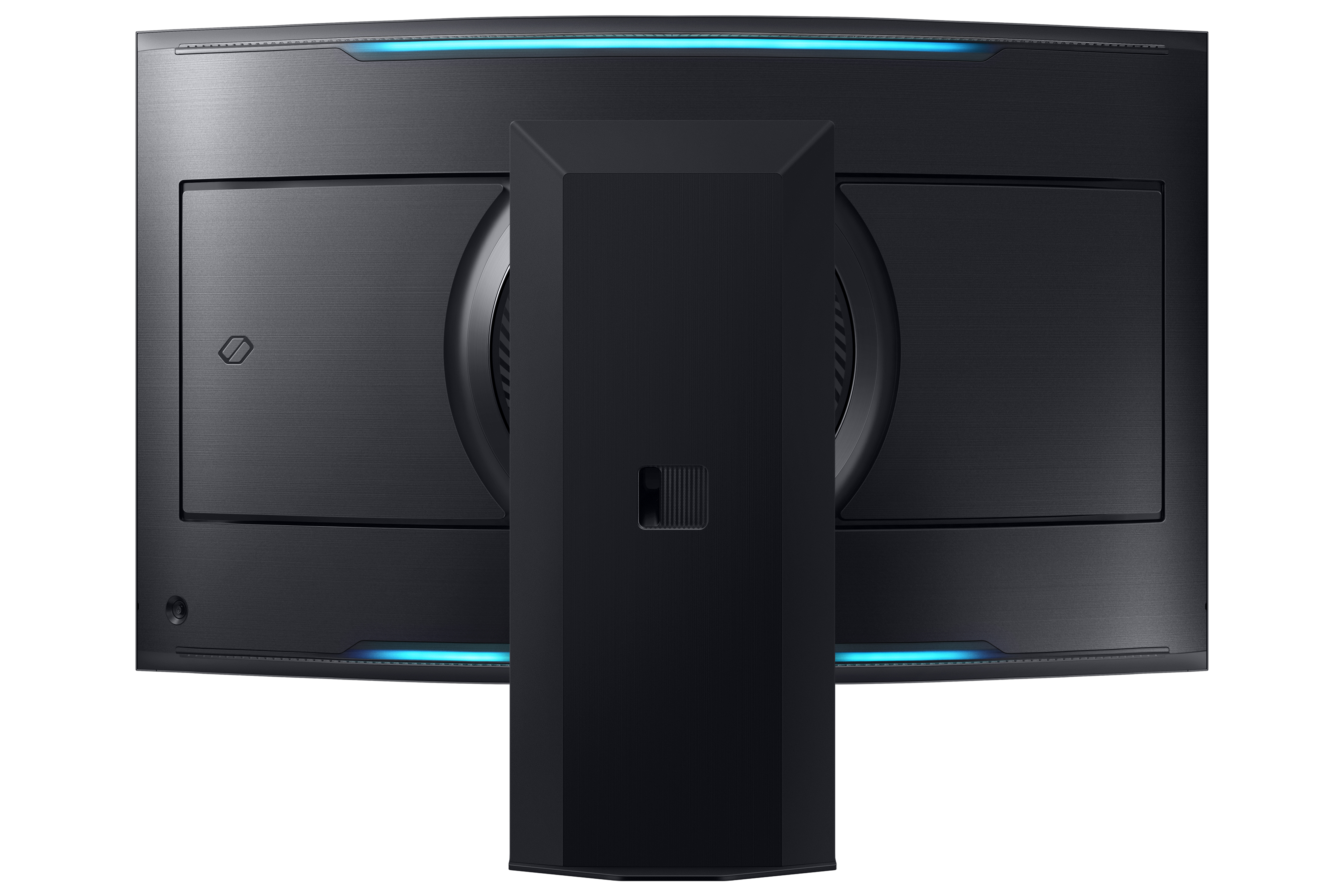 Parte trasera de un monitor de juegos negro. Tiene un soporte central y luces LED azules en la parte superior e inferior.