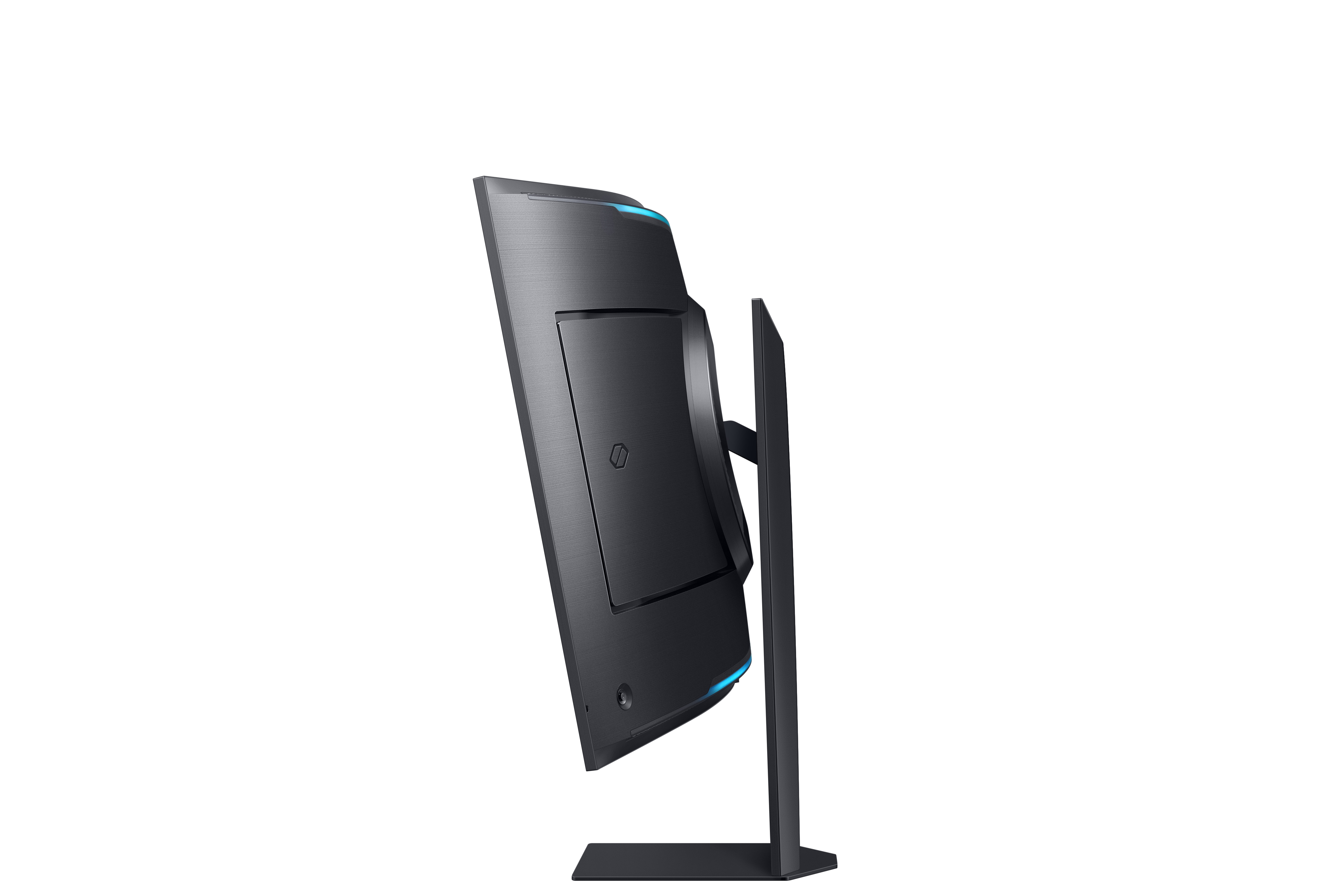 Monitor curvo negro en soporte, vista lateral, con luces azules.