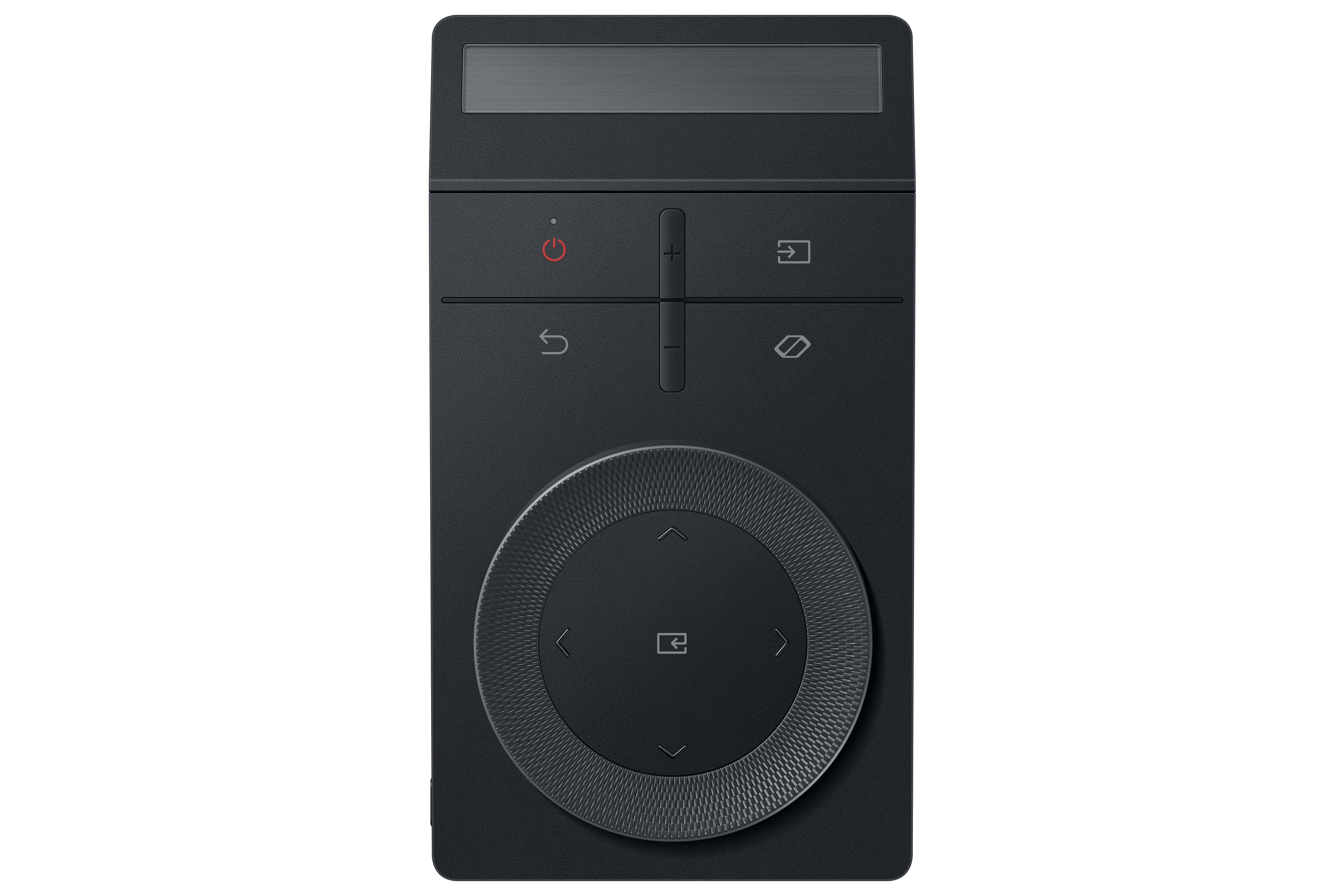 Mando a distancia de TV negro con botones y panel de navegación circular, fondo blanco.