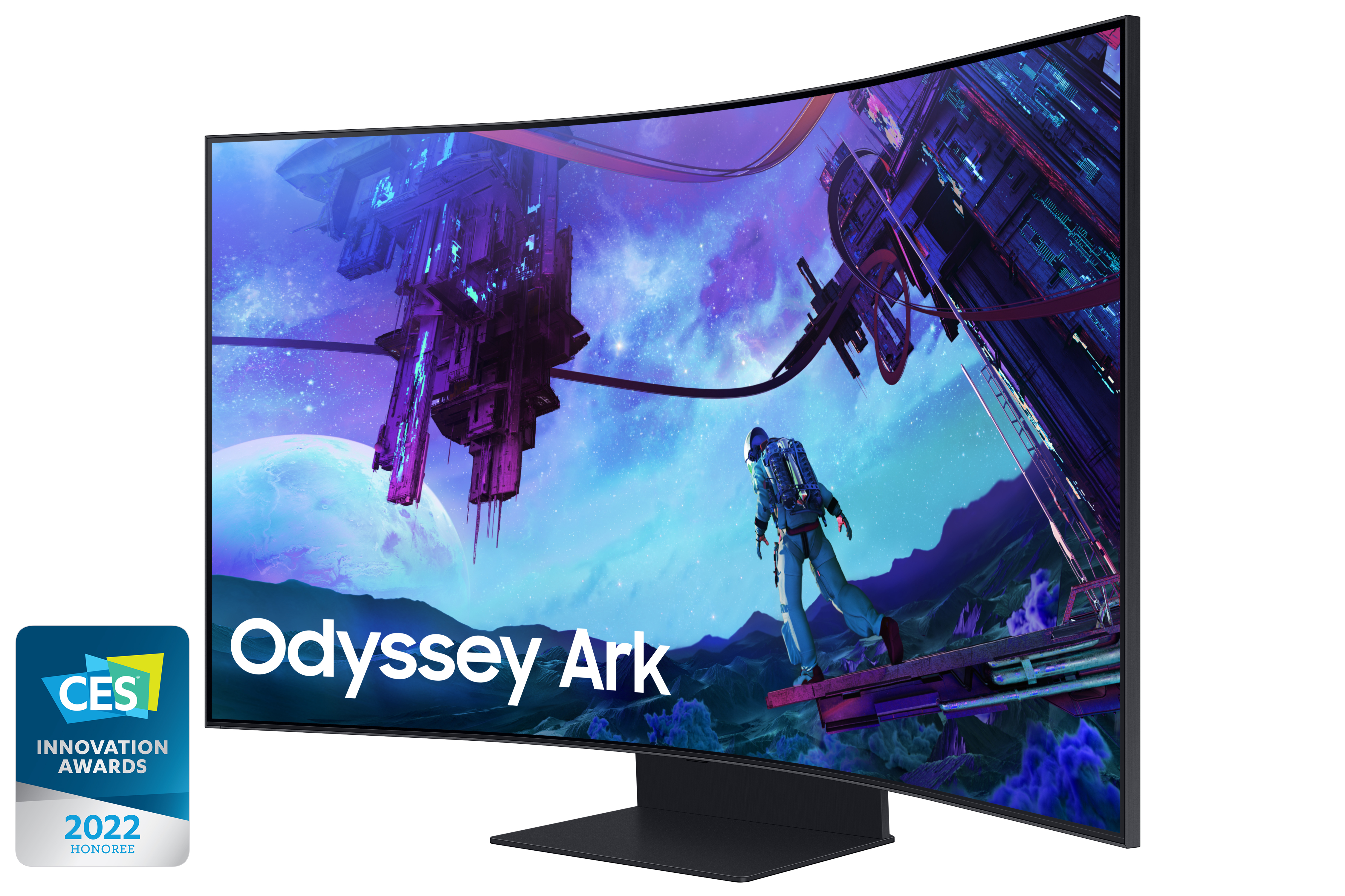 Un monitor curvo que muestra una escena futurista. Está sobre un soporte con base negra.