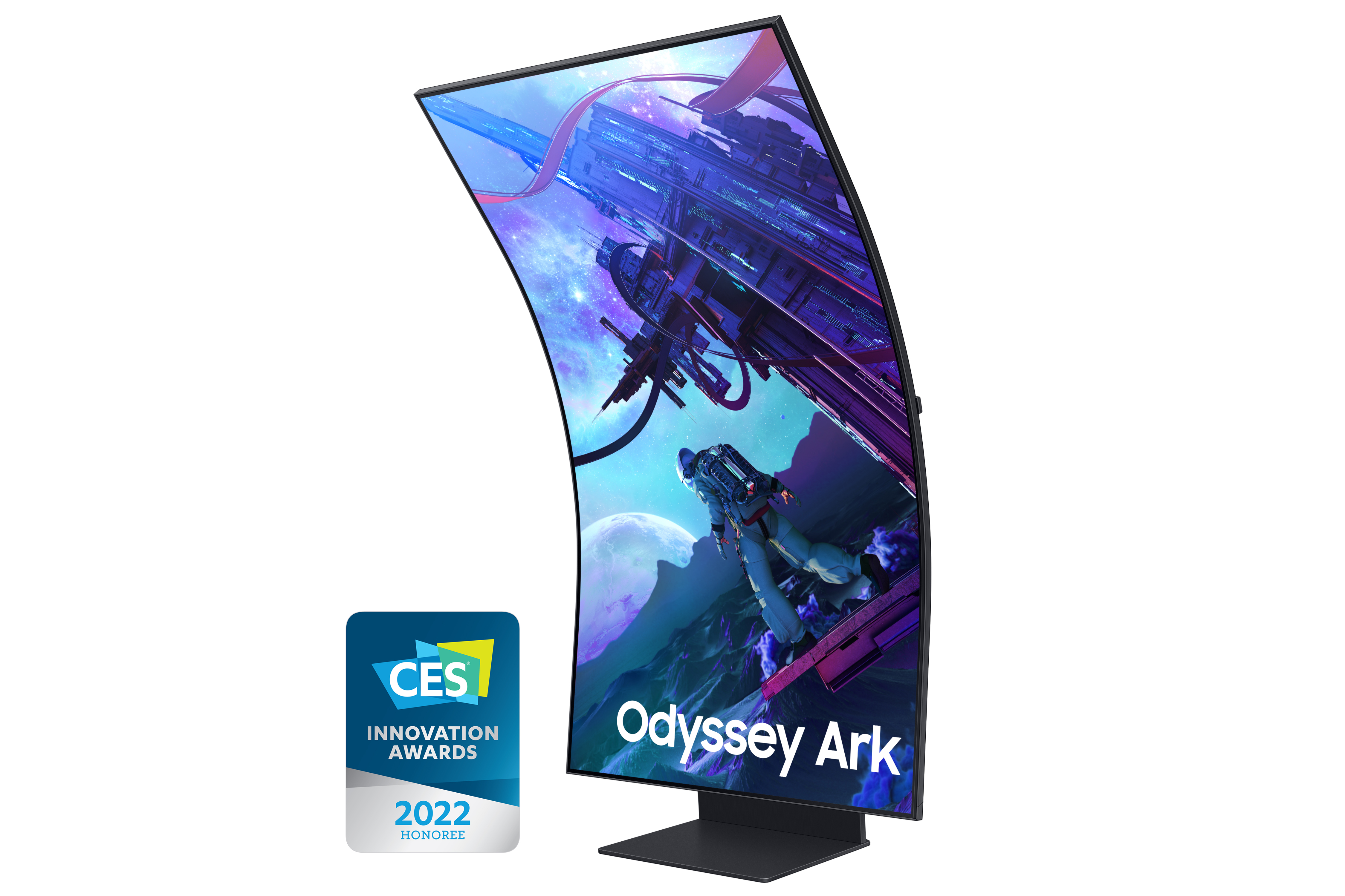 Monitor curvo con una imagen de una ciudad futurista. Son visibles las palabras "Odyssey Ark".