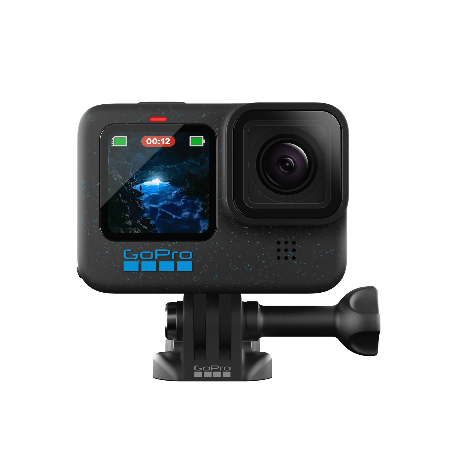 Una cámara GoPro negra con una pantalla que muestra un vídeo.