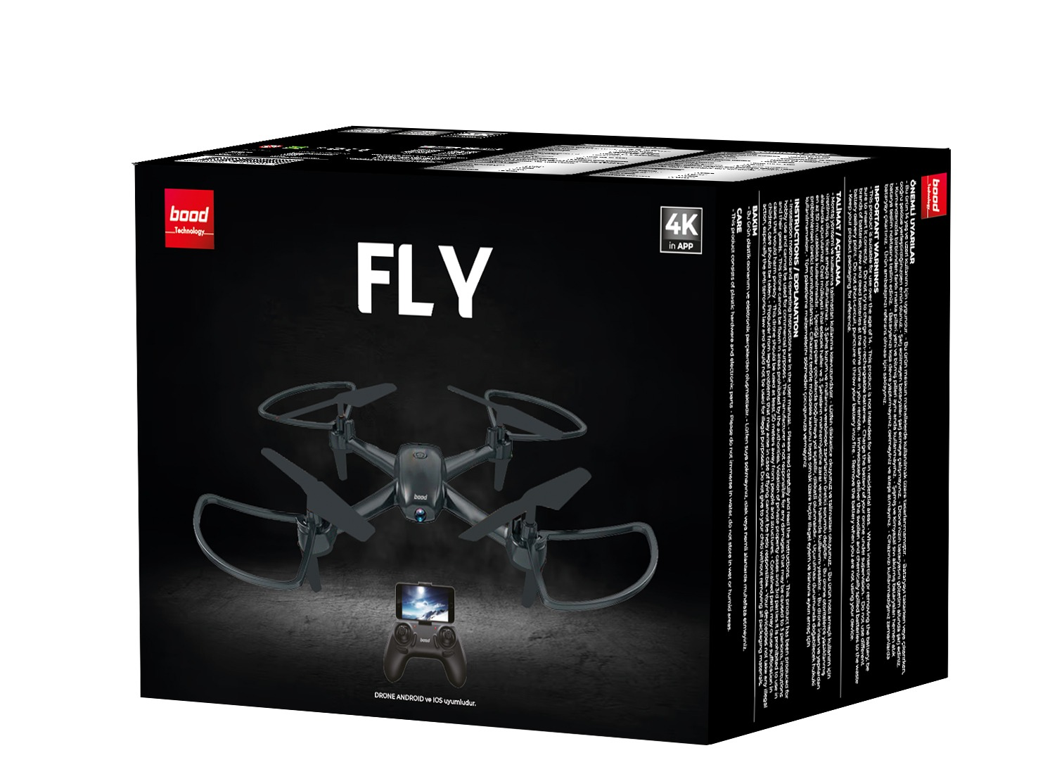 Siyah drone, kumandasıyla birlikte kutuda. Metinde 'FLY' ve '4K in app' yazıyor.