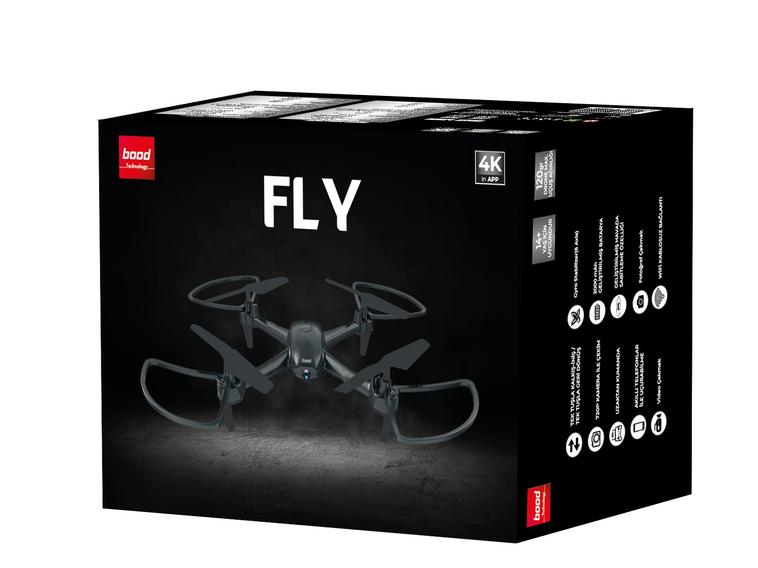 Kutuda drone. Cihaz hakkında resimler ve metin içeren bir kutu ile siyah drone.