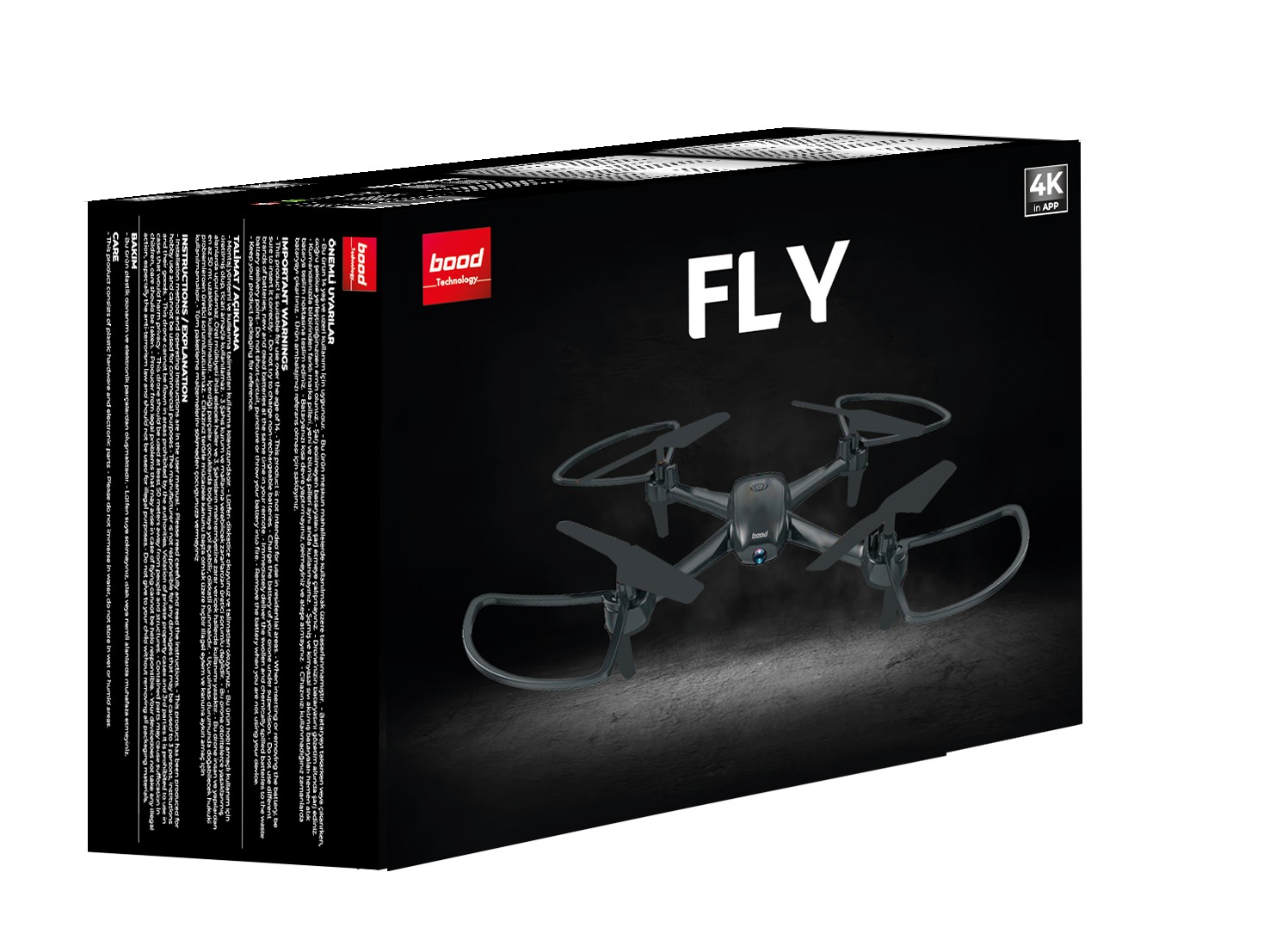 "FLY" yazılı bir siyah kutu ve içinde bir drone. Kutu ayrıca drone'u gösteriyor.