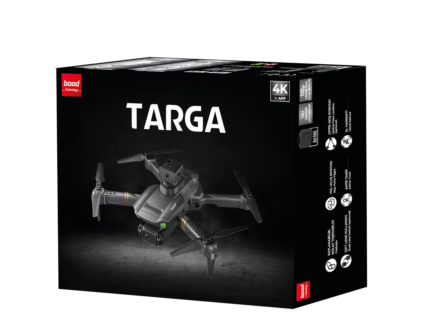 Siyah kutuda drone, drone siyah pervanelerle gri renkte.